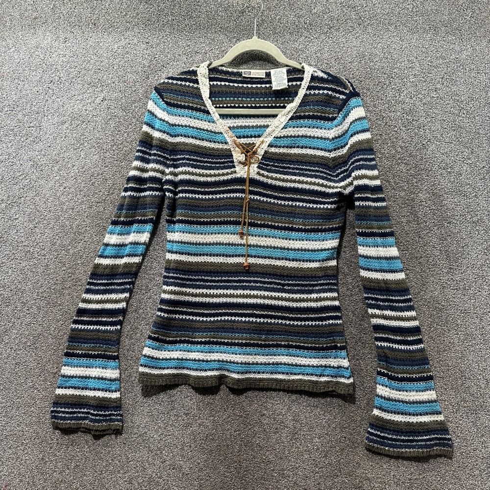 Faded Glory Vintage Y2K Boho Striped Crochet Lace Up Knit Top Large Boho Earthy